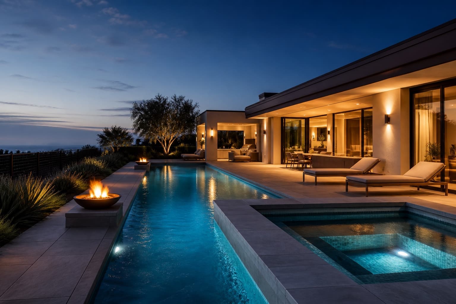 Modern custom pool and spa illuminated at blue hour