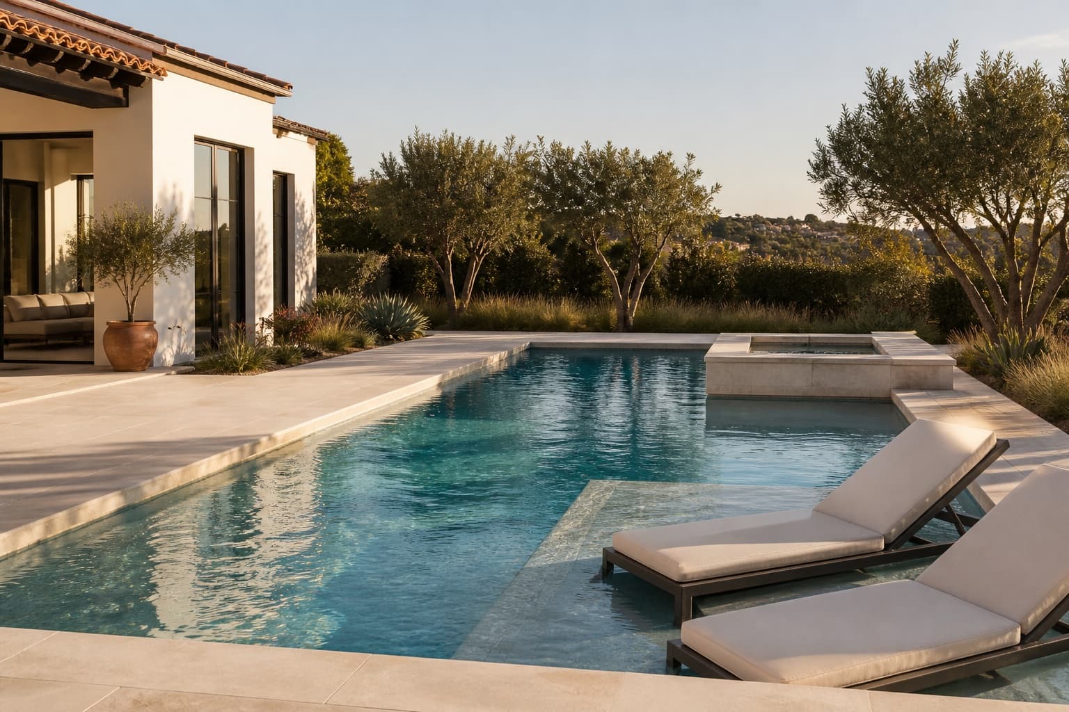 Finished contemporary backyard pool in warm afternoon light