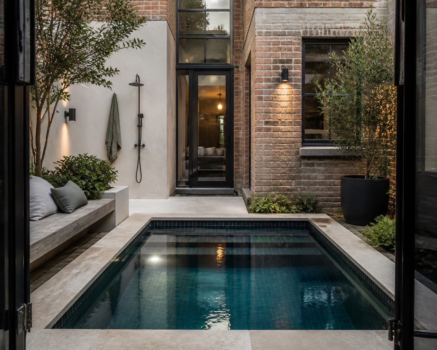 Compact plunge pool in a narrow brick courtyard