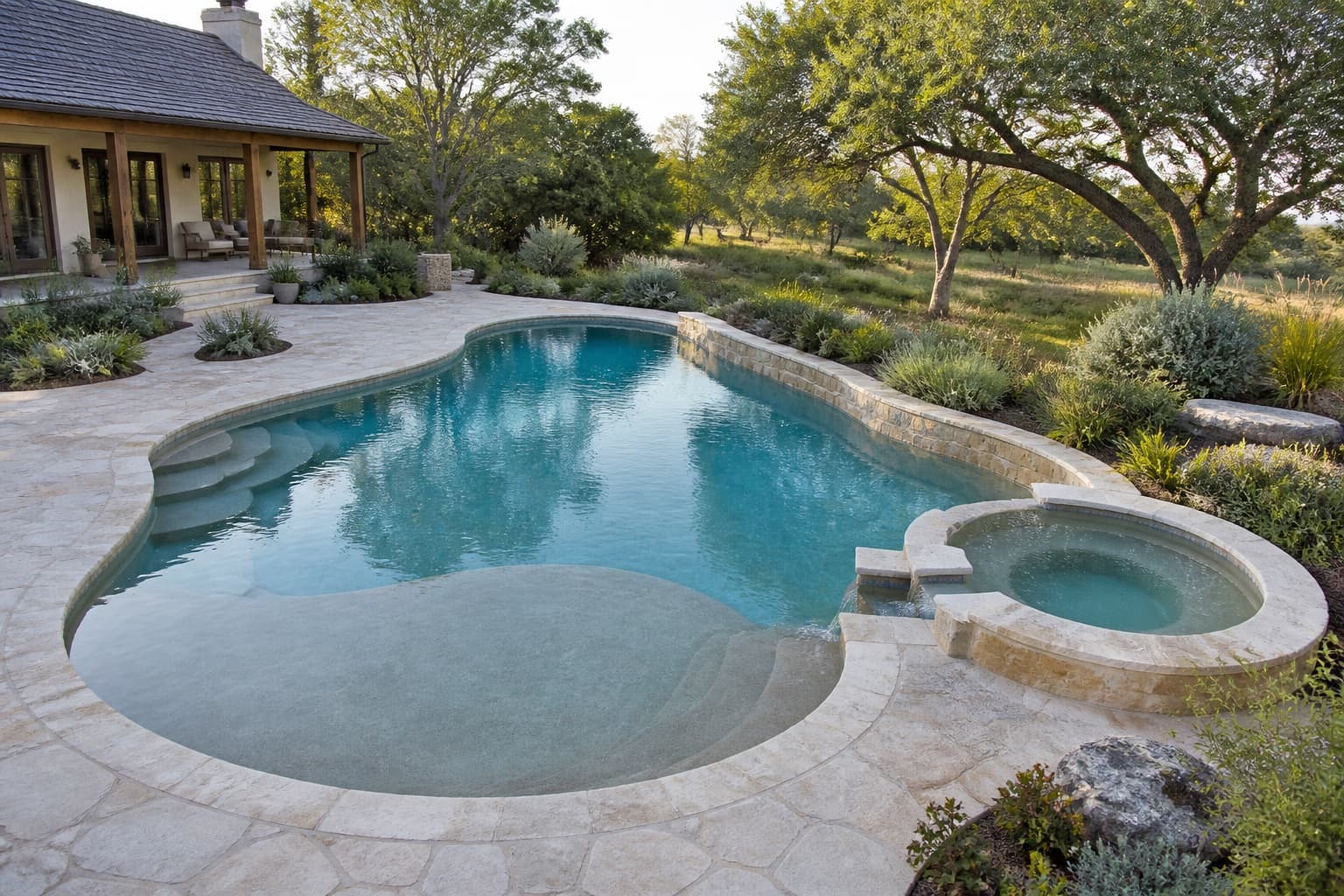 Organic curved pool in a mature garden setting